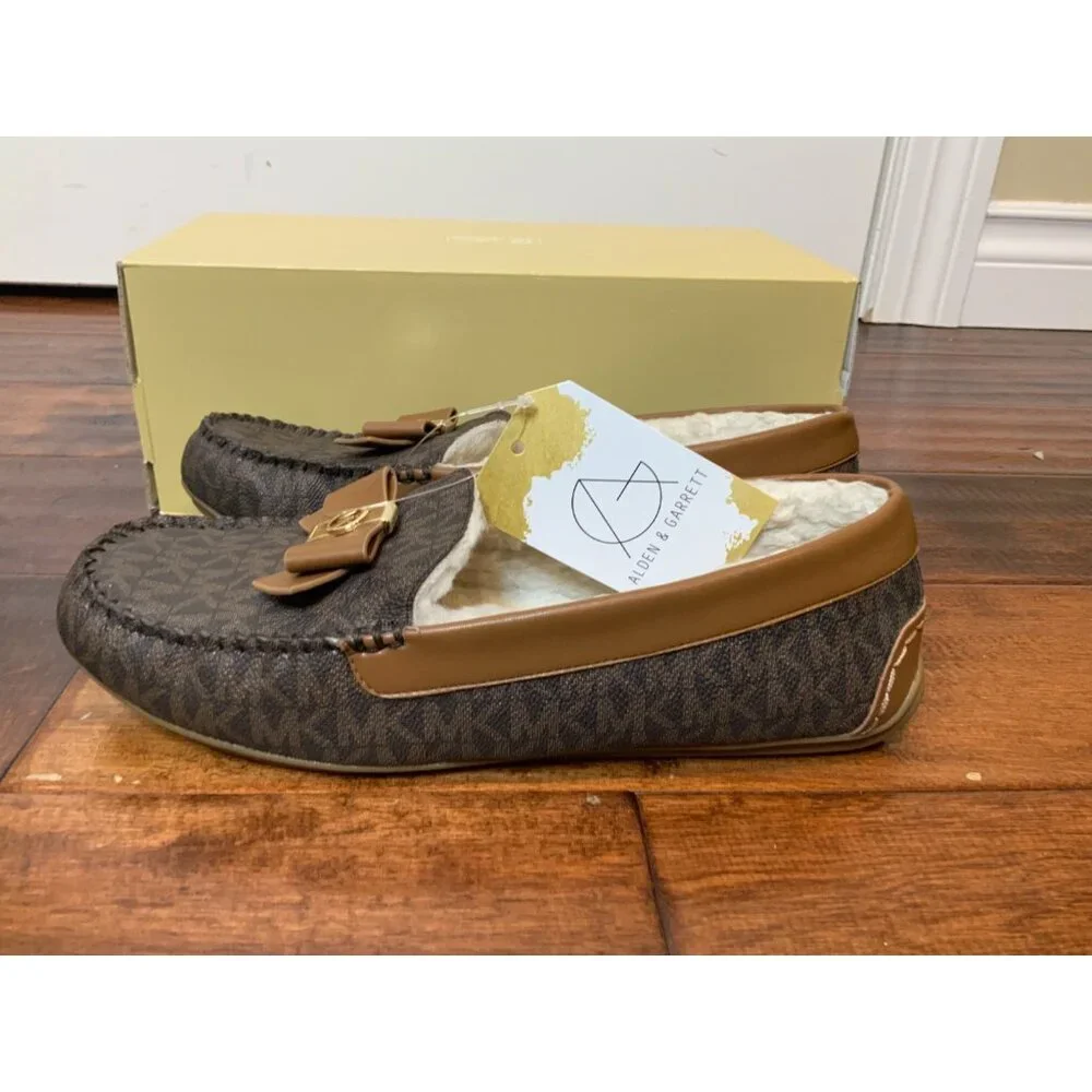 Michael Kors Erica Brown Leather Shearling Lined Logo Flats Slippers, Size 8